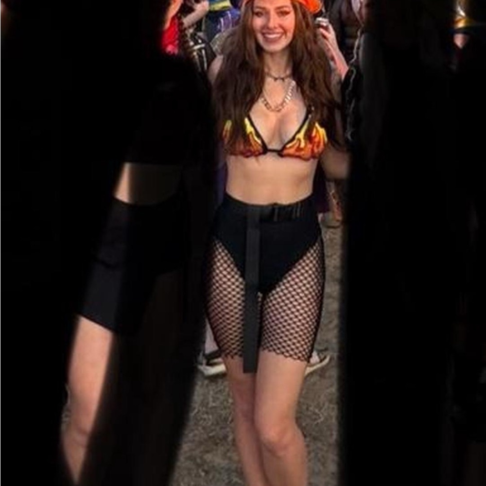 Vibrant Flame Bikini Top with Black Mesh Skirt rave set